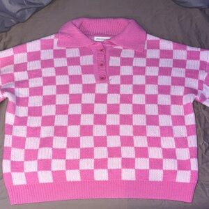 Pink and White Checkered Crew Neck Sweater